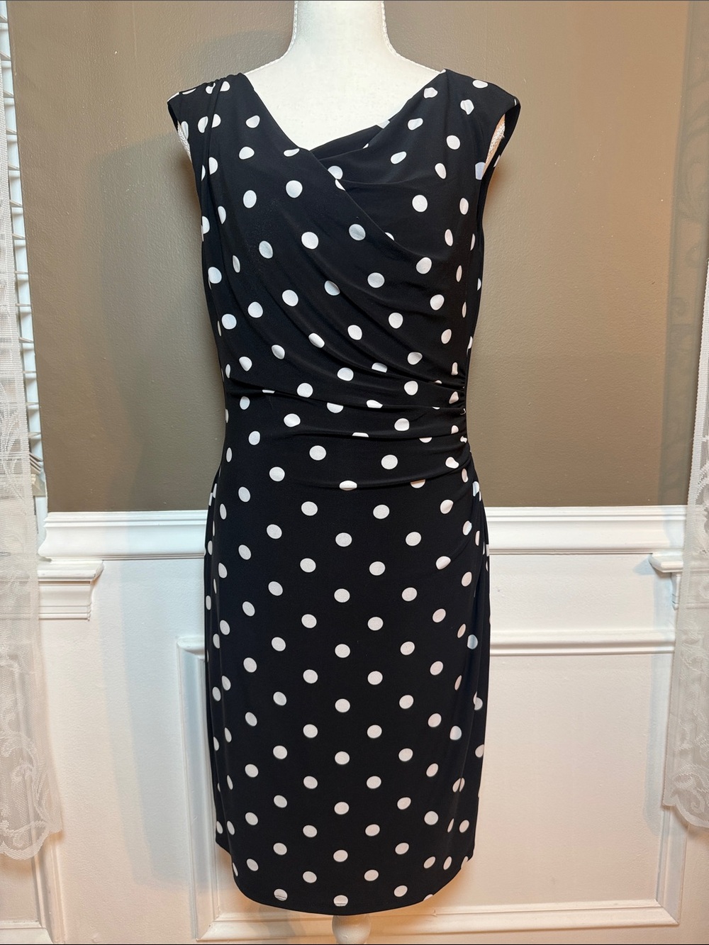 Lauren Ralph Lauren‎ Black White Polka Dot Ruched Sheath Midi Dress Size 8